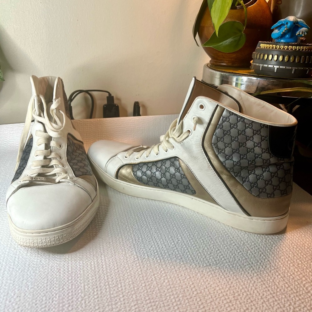 Gucci White and Gold High-Top Sneakers - Picture 4 of 8
